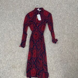 Boden red and navy long sleeve cotton mock neck midi dress